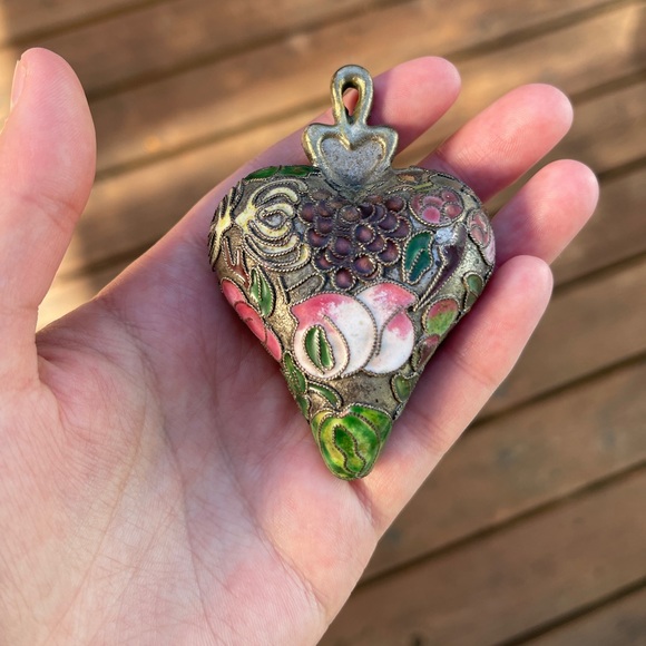 Puffy heart pendant necklace large colorful mosaic floral silver cloisonné - Picture 5 of 11